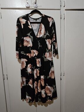 Almost Famous Black Floral Asymmetrical Wrap Dress with Blush Blooms